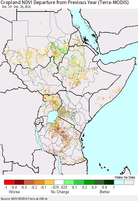 Eastern Africa Cropland NDVI Departure from Previous Year (Terra-MODIS) Thematic Map For 12/19/2021 - 12/26/2021