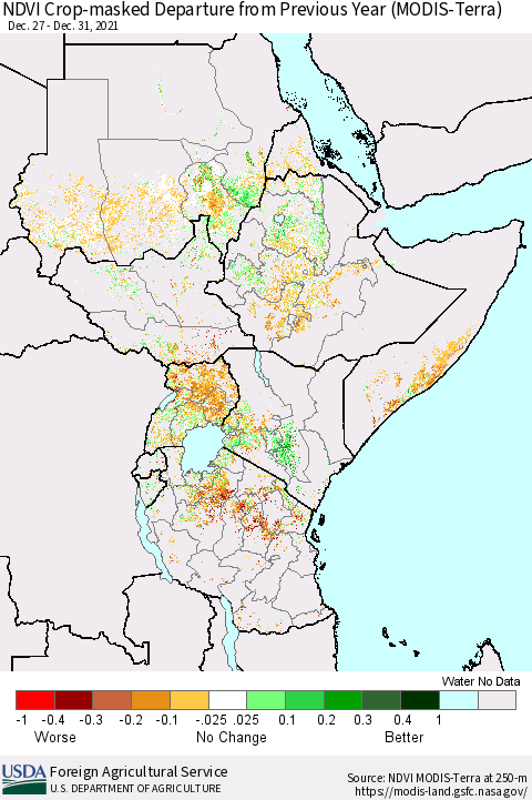 Eastern Africa Cropland NDVI Departure from Previous Year (Terra-MODIS) Thematic Map For 12/21/2021 - 12/31/2021