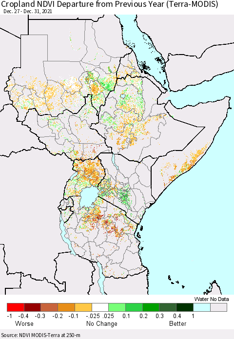 Eastern Africa Cropland NDVI Departure from Previous Year (Terra-MODIS) Thematic Map For 12/26/2021 - 1/2/2022