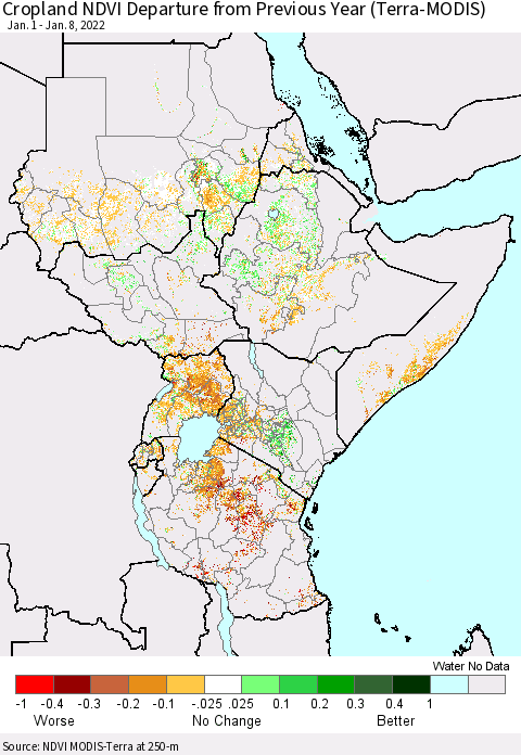Eastern Africa Cropland NDVI Departure from Previous Year (Terra-MODIS) Thematic Map For 1/1/2022 - 1/8/2022