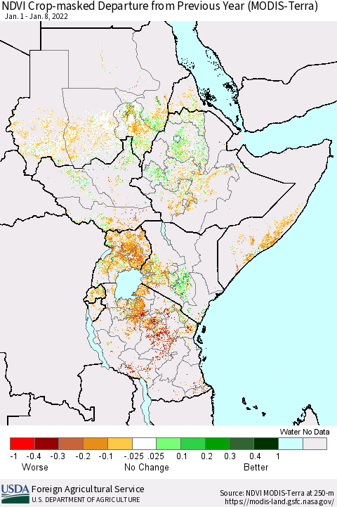 Eastern Africa Cropland NDVI Departure from Previous Year (Terra-MODIS) Thematic Map For 1/1/2022 - 1/10/2022