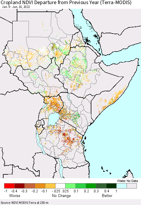 Eastern Africa Cropland NDVI Departure from Previous Year (Terra-MODIS) Thematic Map For 1/9/2022 - 1/16/2022