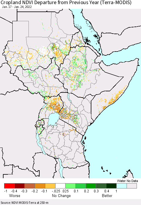 Eastern Africa Cropland NDVI Departure from Previous Year (Terra-MODIS) Thematic Map For 1/17/2022 - 1/24/2022
