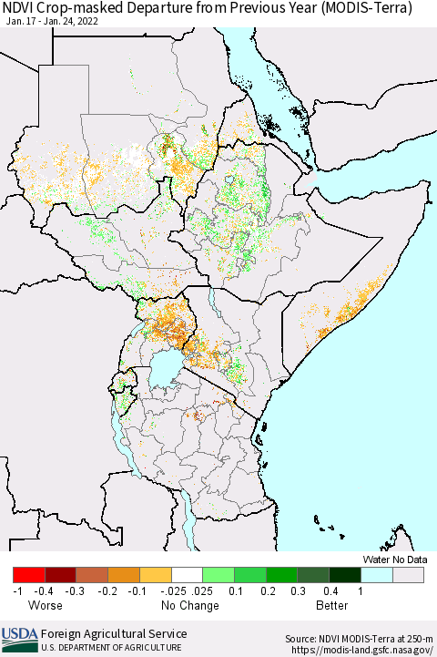 Eastern Africa Cropland NDVI Departure from Previous Year (Terra-MODIS) Thematic Map For 1/21/2022 - 1/31/2022