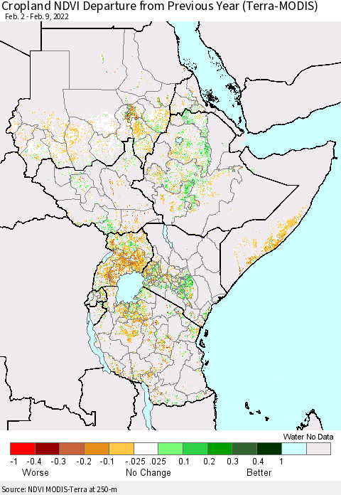 Eastern Africa Cropland NDVI Departure from Previous Year (Terra-MODIS) Thematic Map For 2/2/2022 - 2/9/2022