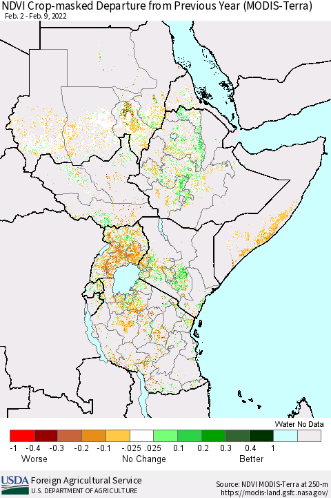 Eastern Africa Cropland NDVI Departure from Previous Year (Terra-MODIS) Thematic Map For 2/1/2022 - 2/10/2022