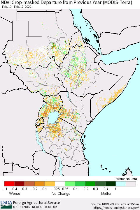 Eastern Africa Cropland NDVI Departure from Previous Year (Terra-MODIS) Thematic Map For 2/11/2022 - 2/20/2022