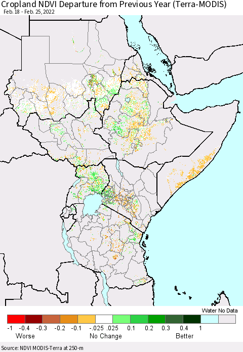 Eastern Africa Cropland NDVI Departure from Previous Year (Terra-MODIS) Thematic Map For 2/18/2022 - 2/25/2022