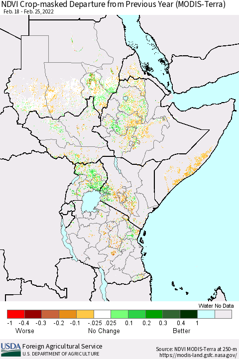 Eastern Africa Cropland NDVI Departure from Previous Year (Terra-MODIS) Thematic Map For 2/21/2022 - 2/28/2022