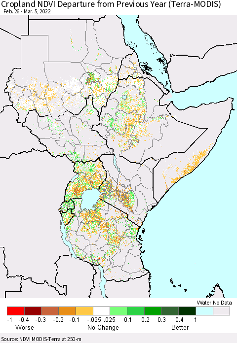 Eastern Africa Cropland NDVI Departure from Previous Year (Terra-MODIS) Thematic Map For 2/26/2022 - 3/5/2022