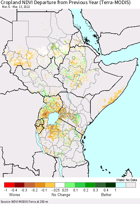 Eastern Africa Cropland NDVI Departure from Previous Year (Terra-MODIS) Thematic Map For 3/6/2022 - 3/13/2022