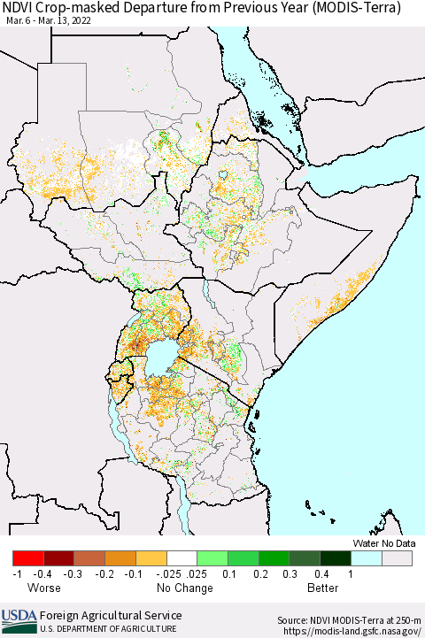 Eastern Africa Cropland NDVI Departure from Previous Year (Terra-MODIS) Thematic Map For 3/11/2022 - 3/20/2022