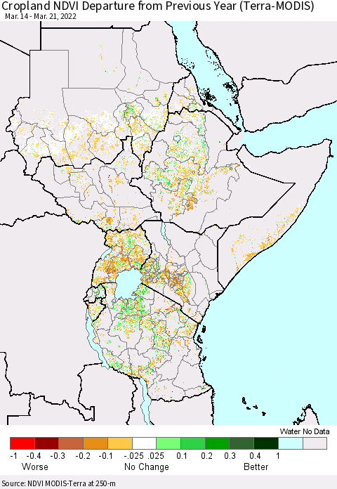 Eastern Africa Cropland NDVI Departure from Previous Year (Terra-MODIS) Thematic Map For 3/14/2022 - 3/21/2022