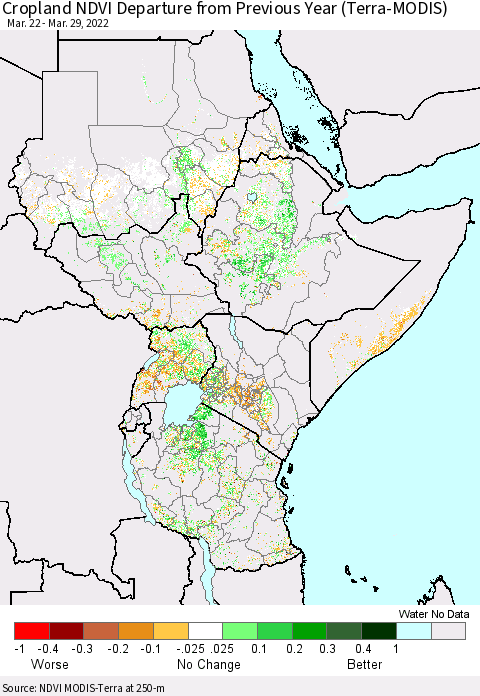 Eastern Africa Cropland NDVI Departure from Previous Year (Terra-MODIS) Thematic Map For 3/22/2022 - 3/29/2022
