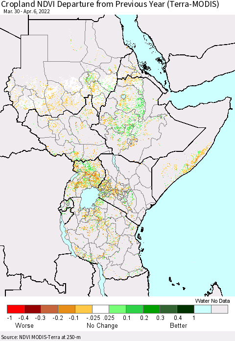Eastern Africa Cropland NDVI Departure from Previous Year (Terra-MODIS) Thematic Map For 3/30/2022 - 4/6/2022