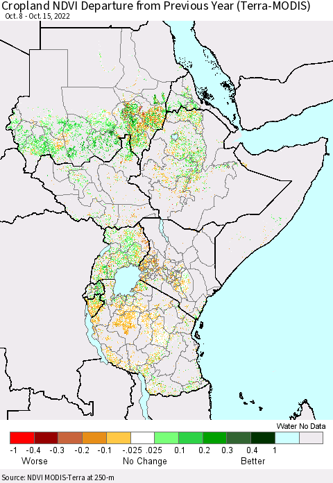 Eastern Africa Cropland NDVI Departure from Previous Year (Terra-MODIS) Thematic Map For 10/8/2022 - 10/15/2022