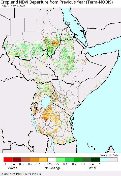 Eastern Africa Cropland NDVI Departure from Previous Year (Terra-MODIS) Thematic Map For 11/1/2022 - 11/8/2022