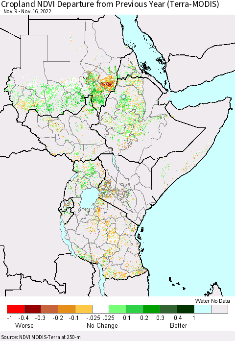Eastern Africa Cropland NDVI Departure from Previous Year (Terra-MODIS) Thematic Map For 11/9/2022 - 11/16/2022
