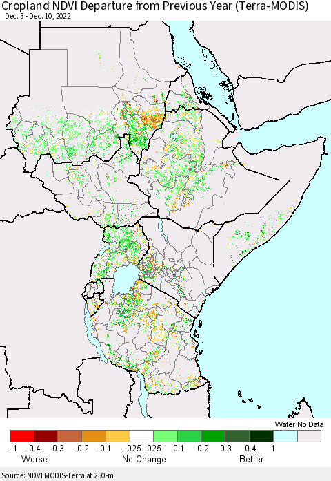 Eastern Africa Cropland NDVI Departure from Previous Year (Terra-MODIS) Thematic Map For 12/3/2022 - 12/10/2022