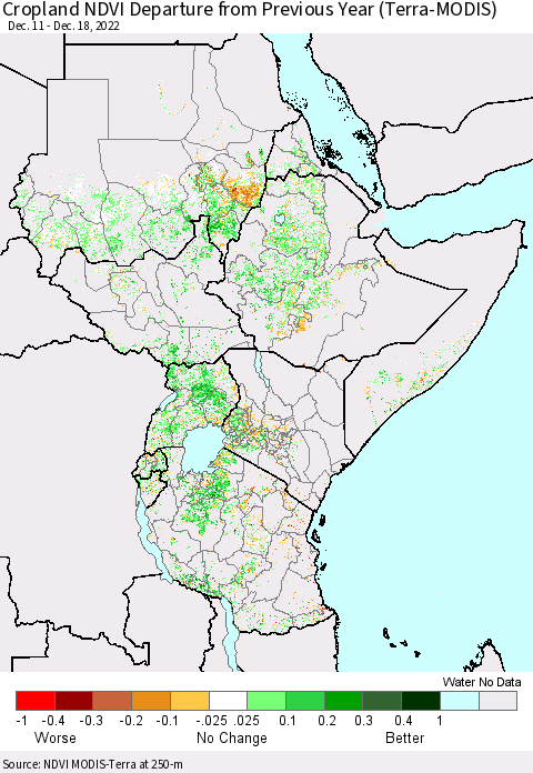 Eastern Africa Cropland NDVI Departure from Previous Year (Terra-MODIS) Thematic Map For 12/11/2022 - 12/18/2022