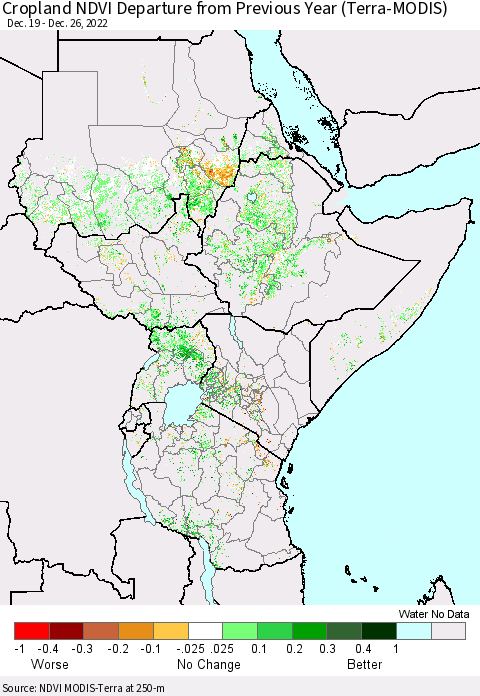 Eastern Africa Cropland NDVI Departure from Previous Year (Terra-MODIS) Thematic Map For 12/19/2022 - 12/26/2022