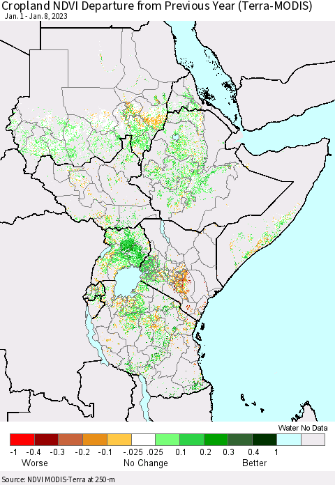 Eastern Africa Cropland NDVI Departure from Previous Year (Terra-MODIS) Thematic Map For 1/1/2023 - 1/8/2023