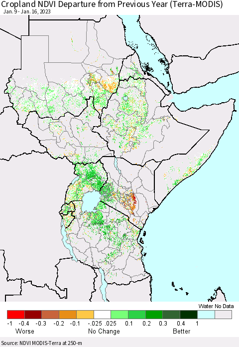 Eastern Africa Cropland NDVI Departure from Previous Year (Terra-MODIS) Thematic Map For 1/9/2023 - 1/16/2023