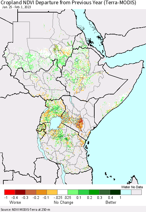 Eastern Africa Cropland NDVI Departure from Previous Year (Terra-MODIS) Thematic Map For 1/25/2023 - 2/1/2023