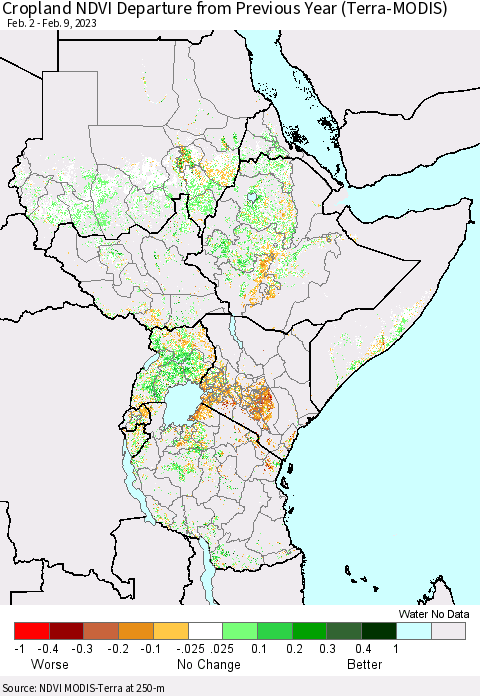 Eastern Africa Cropland NDVI Departure from Previous Year (Terra-MODIS) Thematic Map For 2/2/2023 - 2/9/2023