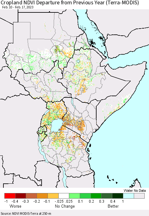 Eastern Africa Cropland NDVI Departure from Previous Year (Terra-MODIS) Thematic Map For 2/10/2023 - 2/17/2023