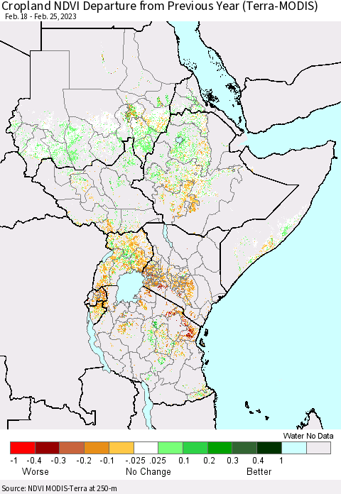 Eastern Africa Cropland NDVI Departure from Previous Year (Terra-MODIS) Thematic Map For 2/18/2023 - 2/25/2023