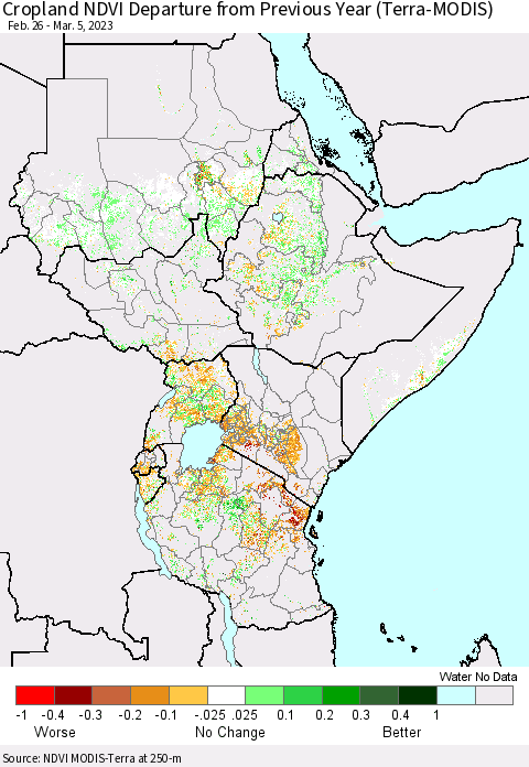 Eastern Africa Cropland NDVI Departure from Previous Year (Terra-MODIS) Thematic Map For 2/26/2023 - 3/5/2023