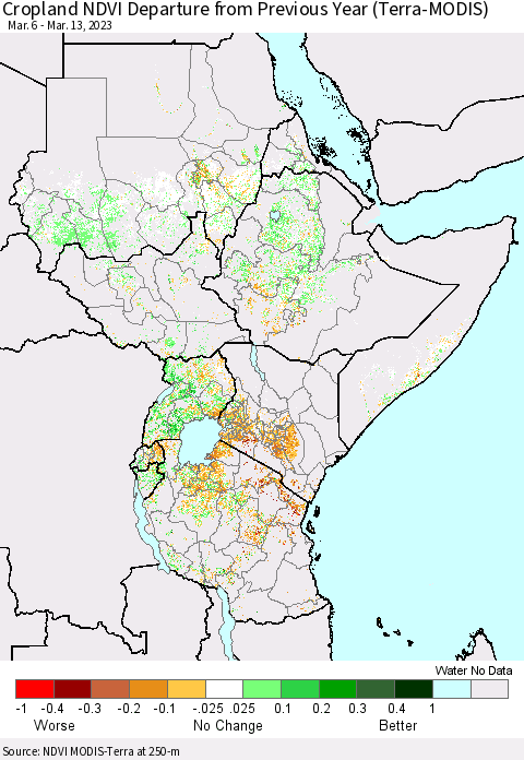 Eastern Africa Cropland NDVI Departure from Previous Year (Terra-MODIS) Thematic Map For 3/6/2023 - 3/13/2023