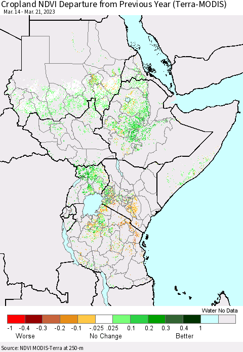Eastern Africa Cropland NDVI Departure from Previous Year (Terra-MODIS) Thematic Map For 3/14/2023 - 3/21/2023