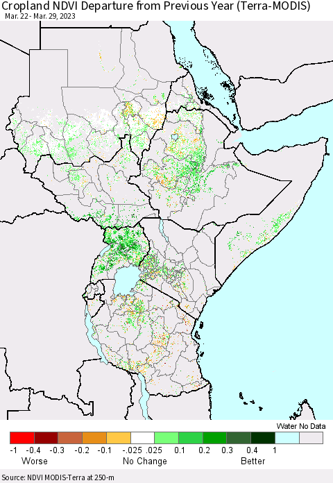 Eastern Africa Cropland NDVI Departure from Previous Year (Terra-MODIS) Thematic Map For 3/22/2023 - 3/29/2023