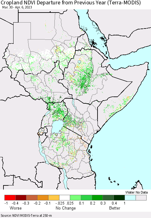 Eastern Africa Cropland NDVI Departure from Previous Year (Terra-MODIS) Thematic Map For 3/30/2023 - 4/6/2023