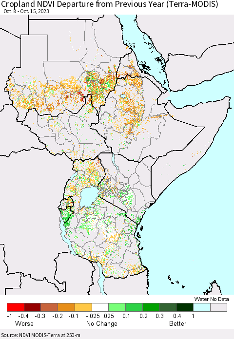 Eastern Africa Cropland NDVI Departure from Previous Year (Terra-MODIS) Thematic Map For 10/8/2023 - 10/15/2023