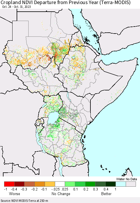 Eastern Africa Cropland NDVI Departure from Previous Year (Terra-MODIS) Thematic Map For 10/24/2023 - 10/31/2023