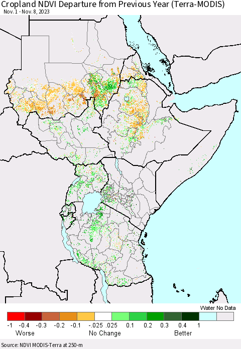 Eastern Africa Cropland NDVI Departure from Previous Year (Terra-MODIS) Thematic Map For 11/1/2023 - 11/8/2023