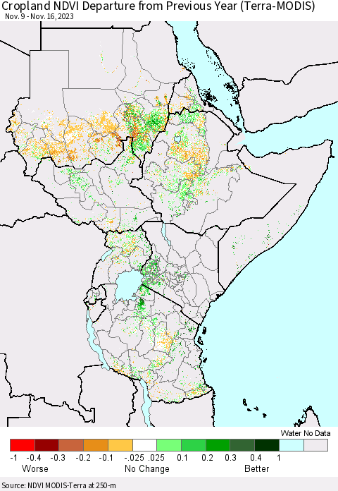 Eastern Africa Cropland NDVI Departure from Previous Year (Terra-MODIS) Thematic Map For 11/9/2023 - 11/16/2023