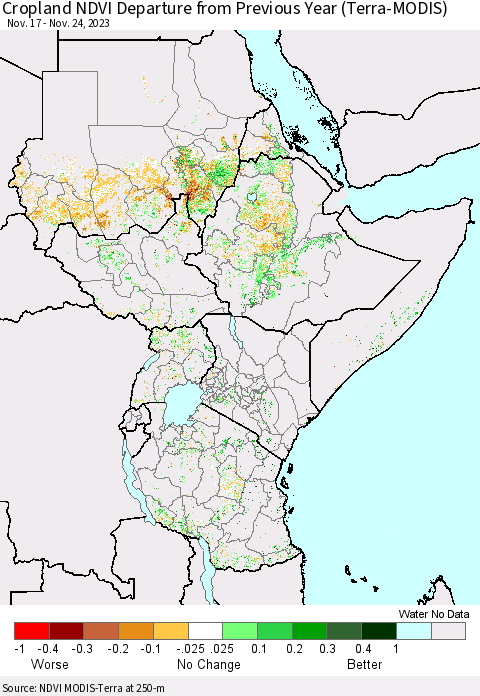 Eastern Africa Cropland NDVI Departure from Previous Year (Terra-MODIS) Thematic Map For 11/17/2023 - 11/24/2023