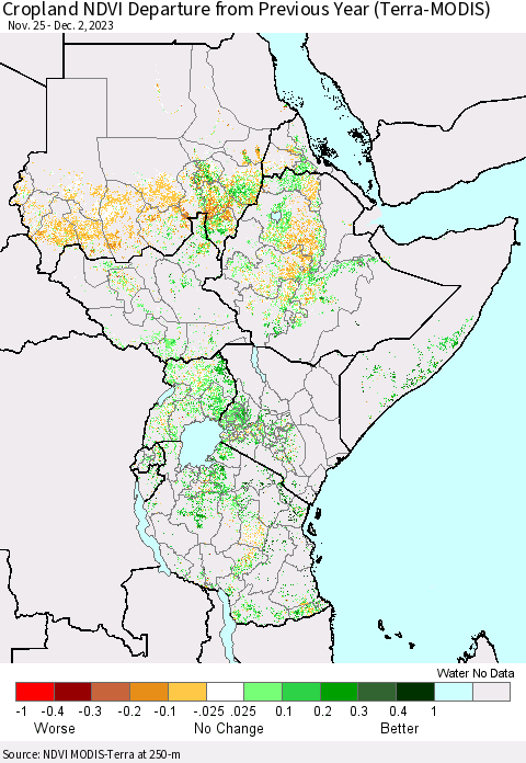 Eastern Africa Cropland NDVI Departure from Previous Year (Terra-MODIS) Thematic Map For 11/25/2023 - 12/2/2023