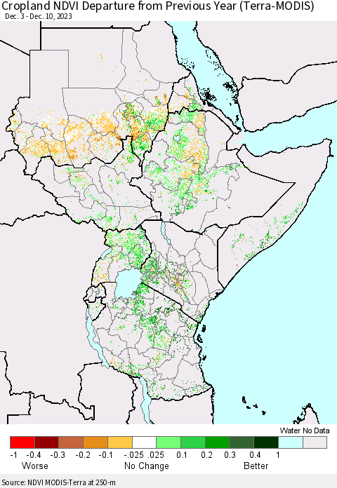 Eastern Africa Cropland NDVI Departure from Previous Year (Terra-MODIS) Thematic Map For 12/3/2023 - 12/10/2023