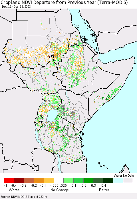 Eastern Africa Cropland NDVI Departure from Previous Year (Terra-MODIS) Thematic Map For 12/11/2023 - 12/18/2023