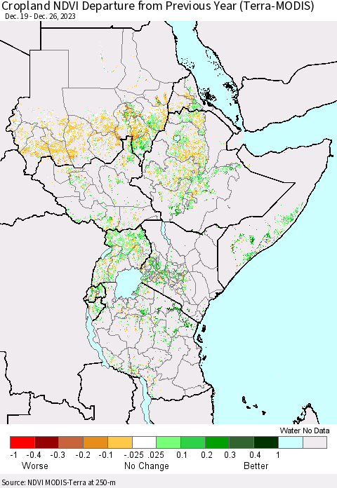 Eastern Africa Cropland NDVI Departure from Previous Year (Terra-MODIS) Thematic Map For 12/19/2023 - 12/26/2023