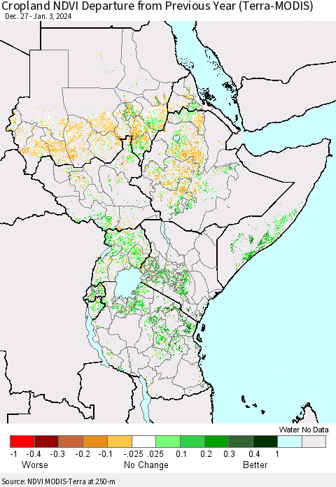 Eastern Africa Cropland NDVI Departure from Previous Year (Terra-MODIS) Thematic Map For 12/27/2023 - 1/3/2024