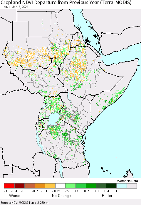 Eastern Africa Cropland NDVI Departure from Previous Year (Terra-MODIS) Thematic Map For 1/1/2024 - 1/8/2024