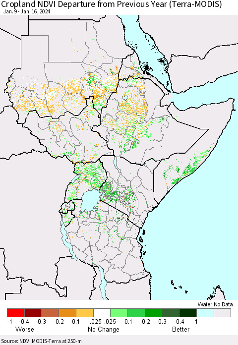 Eastern Africa Cropland NDVI Departure from Previous Year (Terra-MODIS) Thematic Map For 1/9/2024 - 1/16/2024