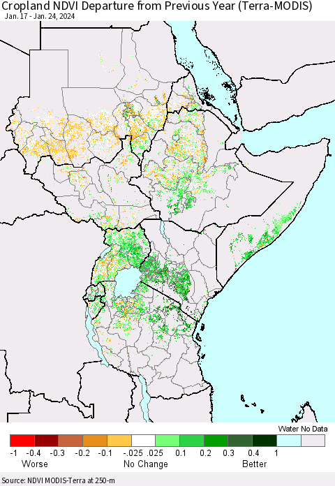 Eastern Africa Cropland NDVI Departure from Previous Year (Terra-MODIS) Thematic Map For 1/17/2024 - 1/24/2024