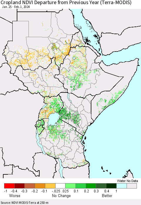 Eastern Africa Cropland NDVI Departure from Previous Year (Terra-MODIS) Thematic Map For 1/25/2024 - 2/1/2024